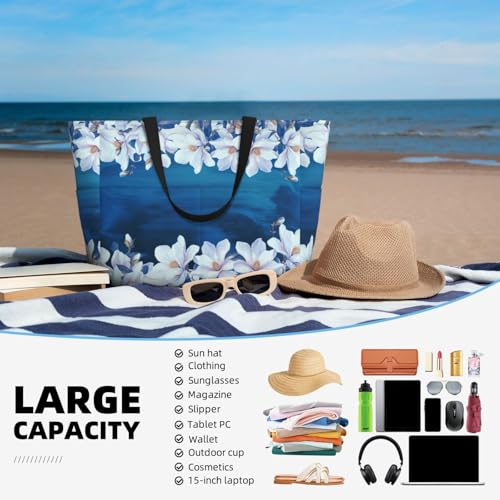 Large Beach Bag for Women Waterproof Foldable Travel Shoulder Tote Bag with Pocket for Weekender Pool Vacation - color: Magnolia Blue