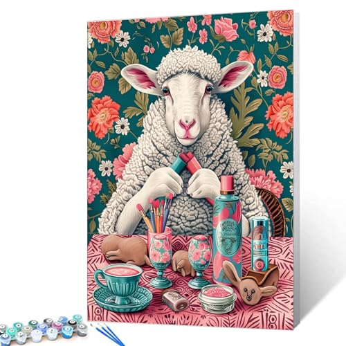 Tucocoo Cute Sheep Make Up Paint by Number Animal DIY Painting Boho Floral Print Paint by Numbers for Adult & Beginners Pink DIY Acrylic Oil Painting Ideal Gift Choice 16x20 Inches （Without Frame ） - color: Artwork-16, size: 16''x20''(Without Frame)