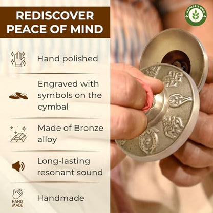 Tibetan Tingsha Bells Cymbals Meditation Chime Bells, 6.3 cm Percussion Instrument, with Cloth Bag, Embossed 8 Lucky Symbols, Ideal for Yoga, Mindfulness, Spiritual Healing, and Sound Therapy