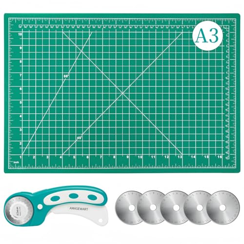 45mm Rotary Cutter and Mat Set, Fabric Cutter Wheel and 12x18 Inch Self Healing Sewing Cutting Mat, Fabric Rotary Cutter with 5pcs Rotary Blades for Quilting Patchworking Crafts, Turquoise - color: Turquoise