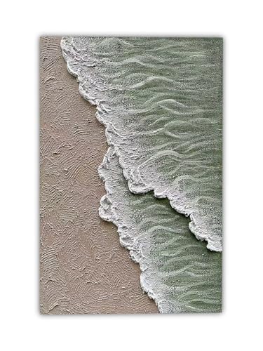 NANKAI Art Hand-painted white and green thick texture abstract oil painting Waves beach landscape oil painting home wall decoration art 40x28 Inches - color: NKHB248
