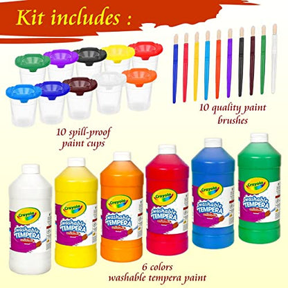 Kids Painting Set, Bulk Washable Paint for Toddlers & Cups Gift Bundle | Bulk Tempera Paint 6 Colors, 16 oz Ea, 6 No Spill Paint Cups, 6 Paintbrushes, Great Non-Toxic, Mess-Free Classroom Supplies