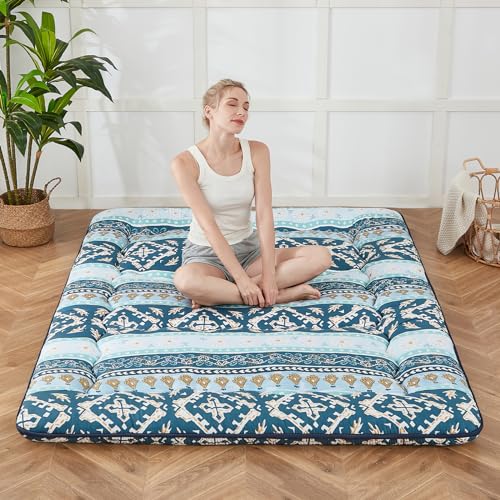 Zelladorra Japanese Floor Mattress, Futon Mattress | Roll Up Tatami Mat with Portable Storage Bag and Washable Cover, Suitable for Camping, Guest Room, Blue Striped Jacquard - color: Blue Striped Jacquard ( 4"th + Dust Cover ）, size: Full (80"L x 54"W)