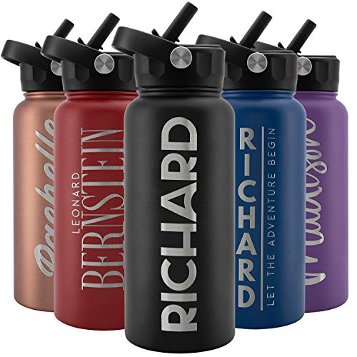 Amazing Items Personalized Water Bottle with Straw Lid, 32 oz - Jet Black | Custom Stainless Steel Sports Water Bottle w/Name and Text - Double Wall + Vacuum Insulated - Rotating Handle - color: Jet Black, size: 32 Ounces