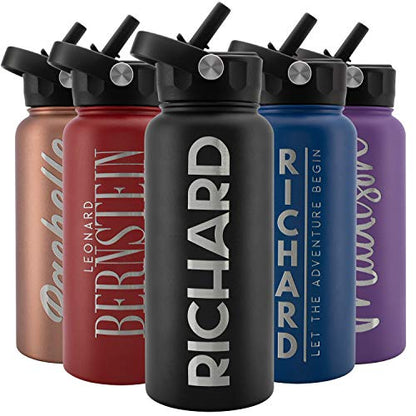 Amazing Items Personalized Water Bottle with Straw Lid, 32 oz - Jet Black | Custom Stainless Steel Sports Water Bottle w/Name and Text - Double Wall + Vacuum Insulated - Rotating Handle - color: Jet Black, size: 32 Ounces