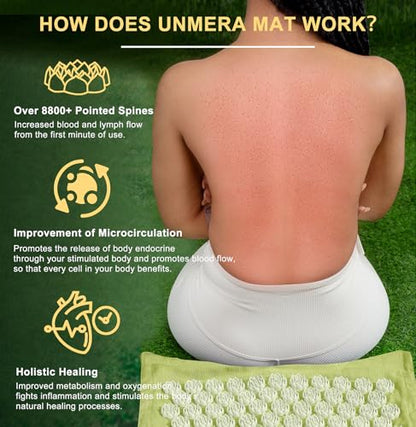 UNMERA Acupressure Mat and Pillow Set,Natural Linen & Coconut Fiber Filling | Back/Neck Pain Relief, Sciatic, Headache and Muscle Relaxation, Comes with Carrying Bag - color: Forest Green