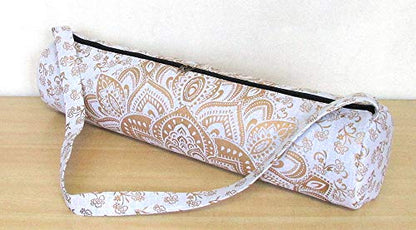 ICC Black Gold Mandala Full-Zip Exercise Yoga Mat Carry Bag Gym Beach Pilates Carrier Bags Hippie Mandala Indian Cotton Bag - style: White Gold Flower