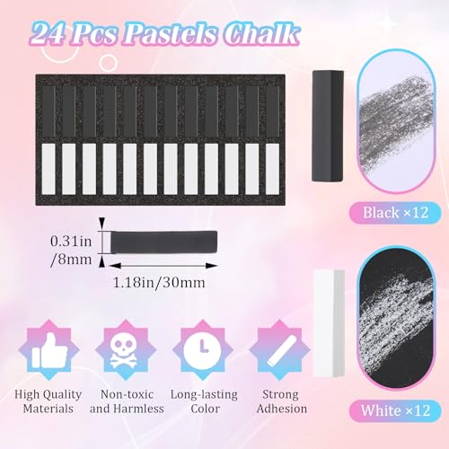Watersay 24 Pcs Soft Pastel Drawing Chalk Set Square Sketch Chalk Non-toxic Artist Pastel Sticks for Professional Artists and Art Lovers(30 x 8 x 8 mm,Black,White) - color: Black,White, size: 1 Count (Pack of 24)