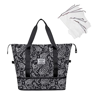 NPBAG Women Travel Duffel, Multi Functional Large Expandable Weekender Carry-on Tote, Gym Workout Overnight Bag, Mommy Hospital Bag for Labor and Delivery - color: Basic-Black Paisley, style: Basic Version