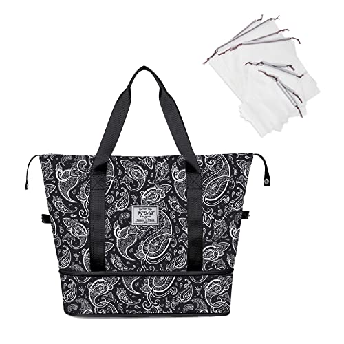 NPBAG Women Travel Duffel, Multi Functional Large Expandable Weekender Carry-on Tote, Gym Workout Overnight Bag, Mommy Hospital Bag for Labor and Delivery - color: Basic-Black Paisley, style: Basic Version