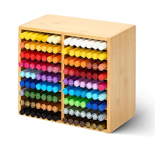 MEEDEN Bamboo Marker Holder Organizer: Holds 126 Pens with 18 Compartments | Art Supply Storage Desktop Holder with 32 Compartments for Alcohol Markers, Pens, Pencils, Brushes, Stationary - style: Holds 126 Markers