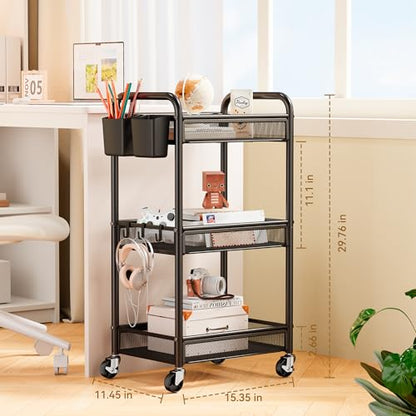 YASONIC 3 Tier Metal Rolling Cart, Black Utility Storage Cart with Wheels - color: Black, size: 3-tier