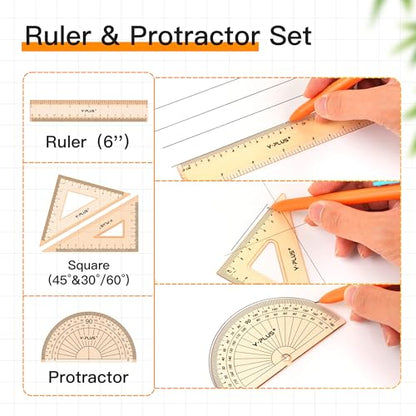 YPLUS Geometry Set, Protractor and Compass Set for Students, 12Pcs | Compass Drawing Tool with Metal Case, Rulers, Protractor, Mechanical Pen, Back to School Supplies for Students - size: 1 Count (Pack of 12)