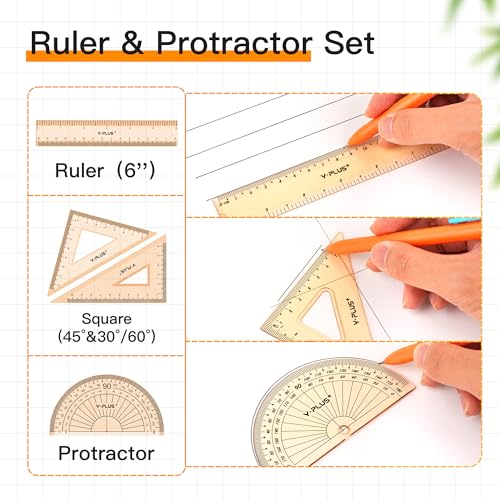 YPLUS Geometry Set, Protractor and Compass Set for Students, 12Pcs | Compass Drawing Tool with Metal Case, Rulers, Protractor, Mechanical Pen, Back to School Supplies for Students - size: 1 Count (Pack of 12)