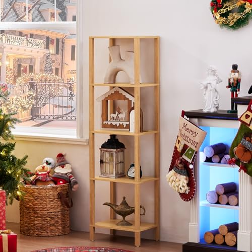 YUFAM 5 Tier Tall Narrow Bookshelf, Skinny Bookcase, Wooden Shelf, Natural - color: Natural, size: 5-Tier