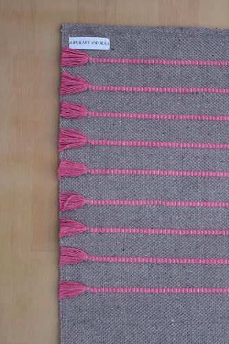 Jaipur Art & Rugs Cotton Yoga Rug - Eco-Friendly Hand-Woven Thick Mat (24”x72”x5mm) for Everyday Fitness at Home - Comfortable & Extra-Long - color: Grey-Pink
