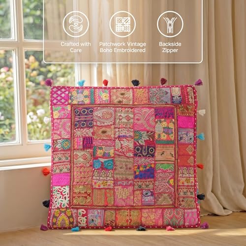 THE ART BOX Cotton Patchwork Boho Embroidered Floor Pillow & Cushion Cover, Vintage Seating Pouf for Meditation or Home Décor (35x35 Inches, Cover Only) - color: Pink