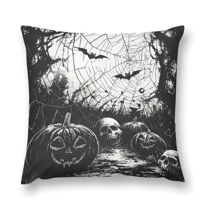 Pumpkins Skulls Spider Web Black White Throw Pillow Covers 18x18 Inch - color: Halloween Pattern Black White