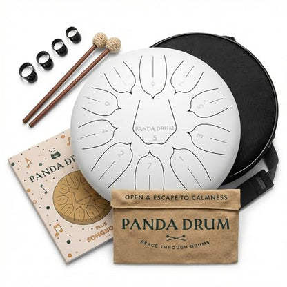 Panda Drum Plus (White) | Steel Tongue Drum for Inside & Outside | 11 Inch | with Music Book, Mallets, Carrying Bag & Finger Picks | 432 Hz Rain Drum | Calming Musical Instrument for Adults - color: 1-White