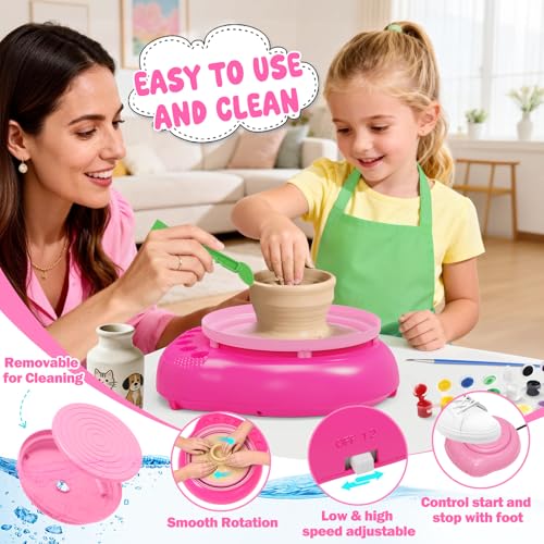 Weilim Pottery Wheel for Kids Beginners, Air-Dry Clay & Paint Kit Ages 6-12 | 3 Clay Packs, 14 Paint Colors, Sculpting Tools, Brushes, Palette,Apron; Gentle Beginner Spin, USB Rechargeable, No Oven - color: Pink