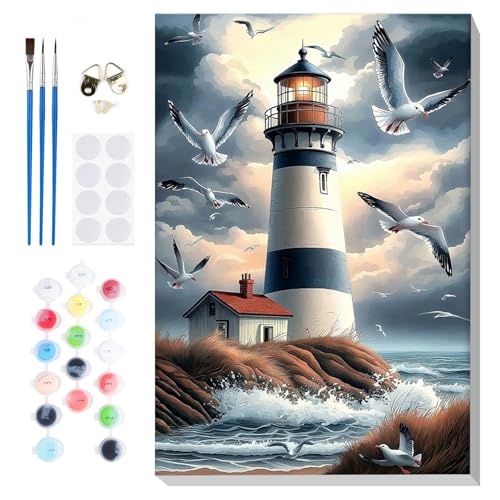 Bowetile Framed Paint by Numbers Lighthouse for Adults Beginners, Adults' Paint-by-Number Landscape Kits, Easy Adult Paint by Number Kits on Canvas, Acrylic Number Painting for Home Decor, 8x12in - color: Lighthouse, landscape