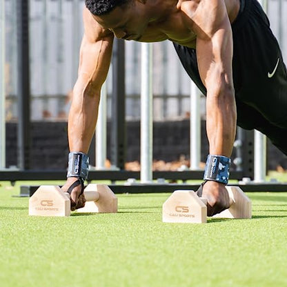 CALI SPORTS Calisthenics Wood Parallettes Bars | Push Up Bar That Will Not Slip or Wobble | Wrist Wraps Included