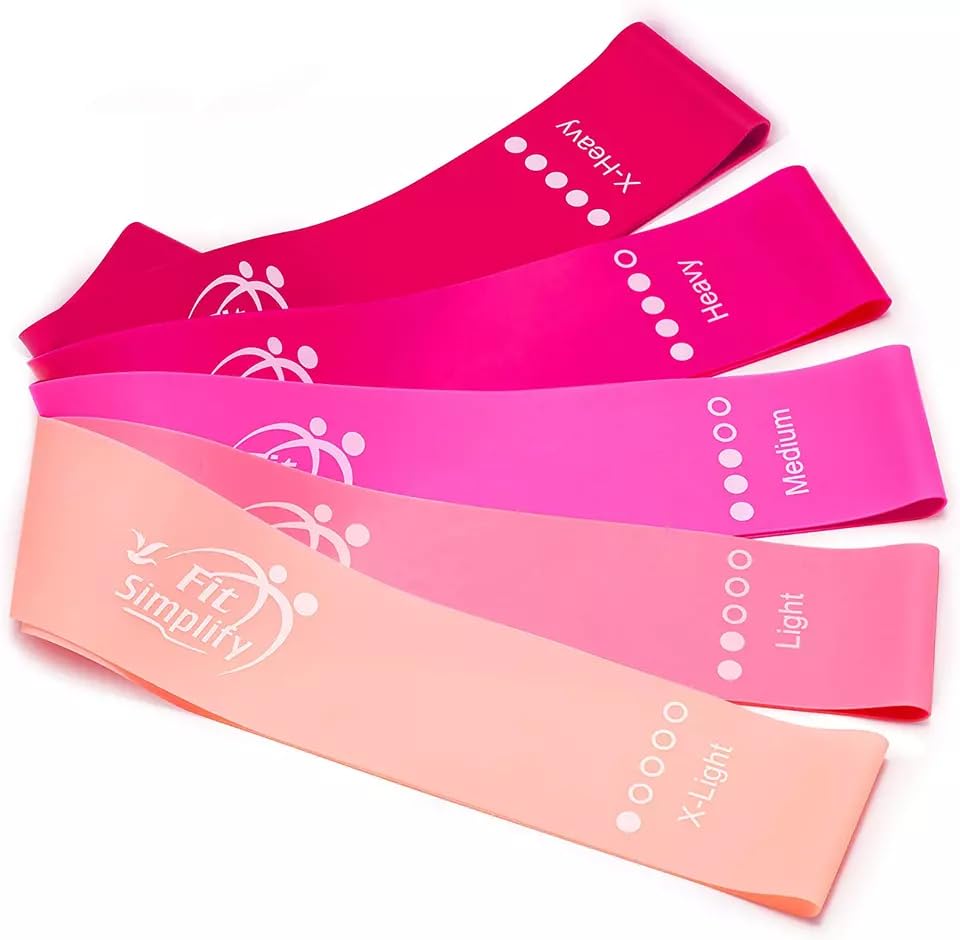 Fit Simplify Resistance Loop Exercise Bands with Instruction Guide and Carry Bag, Set of 5 - color: Pink