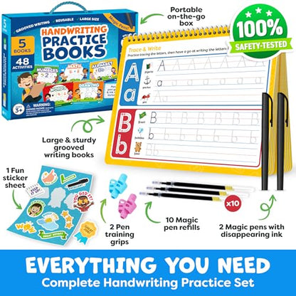 Magic Grooved Writing Practice Books & Kindergarten Workbooks Ages 3-7 | Reusable Handwriting Copybook Set with Disappearing Magic Ink Pens for Preschool Learning