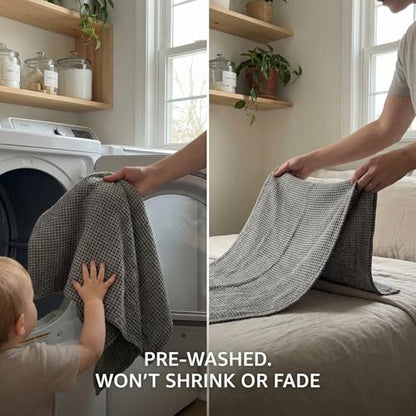 100% Linen Hand Towels 2-Pack - 14x28-inch Thin Waffle Weave, Black-Natural - color: Black Natural, size: Hand Towels