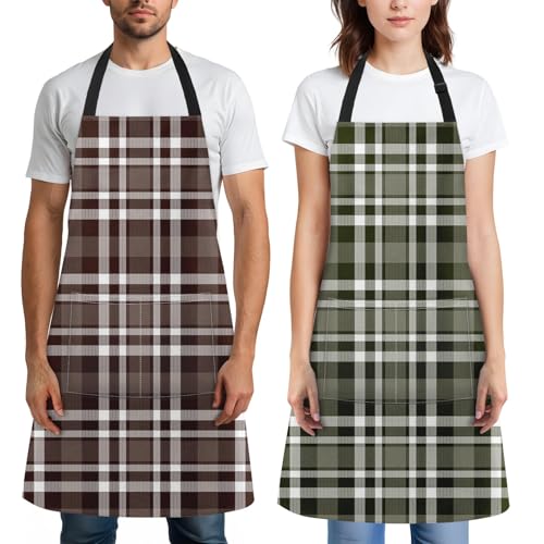 Apron with Pockets, 32x28 inch, 2 Pack, Checkered | Brown Green Plaid Grid Adjustable Bib with Pockets for Women Men Couple Lovers Chef Home Baking Gardening - color: Dark Brown Green