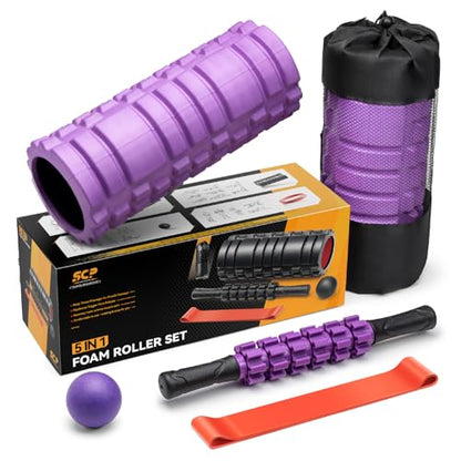 SUBCULTUREPICK 5 in 1 Foam Roller Set for Deep Tissue Muscle Massage | High Density Trigger Point Fitness Patented Exercise Roller, Muscle Stick, Massage Ball, Stretching Strap, for Whole Body - color: Purple