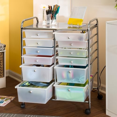 Honey-Can-Do Rolling Craft Storage Cart, Clear, 12-Drawer | Mobile Organizer and Craft Storage Tower on Wheels for Office, Classroom, and Art Supplies