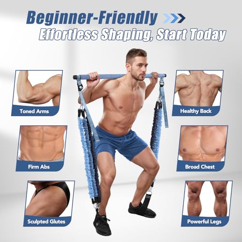 Upgraded Pilates Bar Kit with Resistance Bands Natural Latex for Women & Men, Heavy-Duty Stainless Steel Multifunctional Yoga Pilates Stick for Home Gym Exercise Fitness Equipment Full-Body Workouts - color: Denim Blue