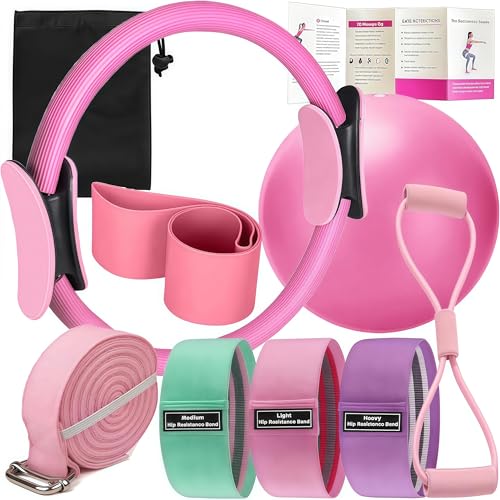 Pilates Set – Home Pilates Equipment for Women Kit with Magic Circle Pilates Ring and Ball Set, Resistance Bands & Massage Balls & Exercise Bands for Toning，Flexibility & Core Strength - color: Pink