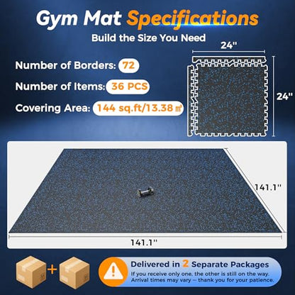 SUPERJARE 1" Extra-Thick Rubber Top Exercise Mat, Gym Flooring for Home Gym | Puzzle Gym Mat for Workout Equipment, Interlocking Floor Tiles with EVA Foam, 36 Pcs 144 Sq Ft, Black/Blue - size: 36 Tiles (144 Sq Ft)