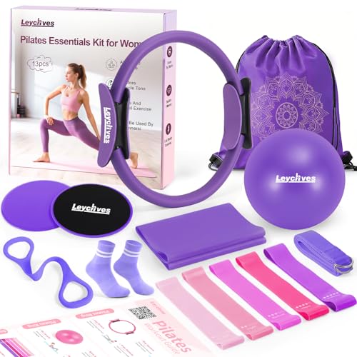 Home Pilates Essentials Kit for Women, Magic Circle Pilates Equipment Ring and Ball Set, Resistance Bands Workout Guide Video for 28 Day Pilates Challenge Starter Kit for Beginners - color: 12'' Ring – Purple