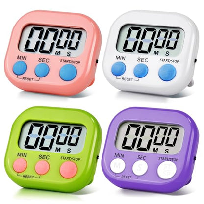 4 Pack Digital Kitchen Timer Magnetic Digital Timer with Big Display Loud Ring Cooking Timers for Cooking, Game, Gym, Break Time, Classroom (4, Pink, Purple, Green, White) - color: Pink,purple,green,white