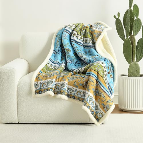 Boho Chic Sherpa Fleece Throw Blanket with Ultra-Soft Cozy Lining,Bohemian Patterned Throws for Sofa,Couch,Bed - color: Boho-olive Green, size: 60" x 80"