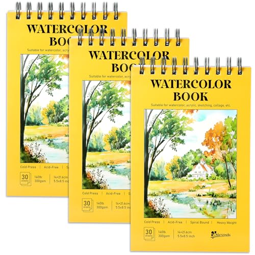 Watercolor Paper Pad 3 Pack 5.5" x 8.5" Sketch Book 90 Sheets 140lb (300gsm) Spiral Bound Acid-Free Heavyweight Water Color Paper for Adults Kids Beginners Artists Students Mixed Media Markers