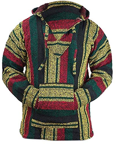 Del Mex Mexican Baja Hoodie Hippie Surf Poncho Sweater Sweatshirt Pullover Jerga - color: Rasta Stripe, size: Medium