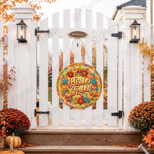 Eiflow Acrylic Diamond Art Hanging Kit for Adults, DIY Diamonds Painting Door Hanger Board Kit, Special Crystal Diamond Art Painting Pendant Ornament (Hello Fall) - color: Hello Fall
