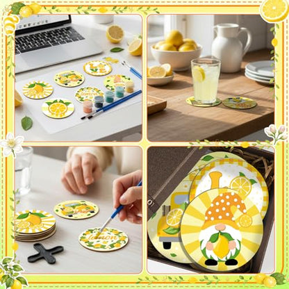 Reallnaive 8 Pcs Lemon Paint by Numbers Kit for Adults Wooden Coasters | Mini Paint by Numbers, Tiny Yellow Gnome Round Oil Painting Drink Coaster with Holder, for Small DIY Craft Birthday Gift - style: Lemon