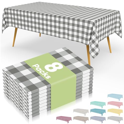 Smiry 8 Packs Gingham Disposable Table Cloth, 54 x 108 Inch Waterproof Plastic Tablecloth, Rectangle Grey and White Checkered Table Covers for Party, Birthday, Picnic, Banquet - color: Grey and White, size: 54"x108" (Pack of 8)