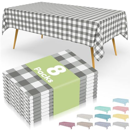 Smiry 8 Packs Gingham Disposable Table Cloth, 54 x 108 Inch Waterproof Plastic Tablecloth, Rectangle Grey and White Checkered Table Covers for Party, Birthday, Picnic, Banquet - color: Grey and White, size: 54"x108" (Pack of 8)