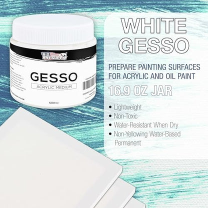 U.S. Art Supply White Gesso Primer 16.9oz (500ml) for Oil & Acrylic Paint | Superior Coverage, Canvas Prep, Mixable White Gesso Paint Artists - color: White