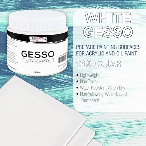 U.S. Art Supply White Gesso Primer 16.9oz (500ml) for Oil & Acrylic Paint | Superior Coverage, Canvas Prep, Mixable White Gesso Paint Artists - color: White