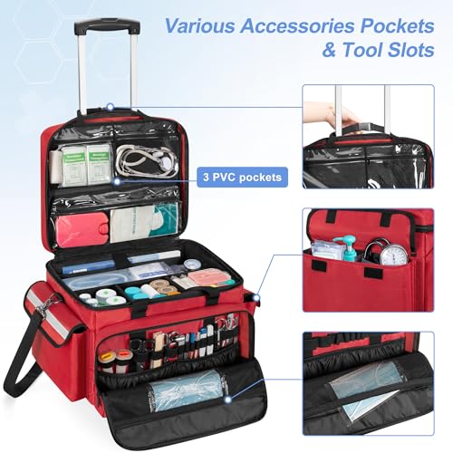Trunab Rolling Medical Bag with Trolley & Dividers, Nurse Responder Tote - color: Red