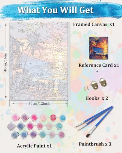 TOCARE Framed Paint by Numbers Kit for Adults, 12x16Inch Hawaii Sunset Paint by Numbers with Frame, Beach Adult Paint by Number Framed Canvas Nature Scenery(Without Easel) - color: TC-F-207