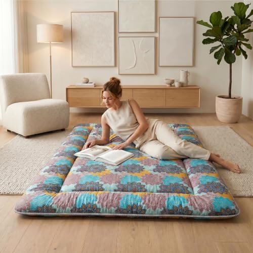 Zelladorra Japanese Floor Mattress, Futon Mattress | Roll Up Tatami Mat with Portable Storage Bag and Washable Cover, Suitable for Camping, Guest Room, Aqua Blue Mandala - color: Aqua Blue Mandala( 4"th + Dust Cover ）, size: Full (80"L x 54"W)