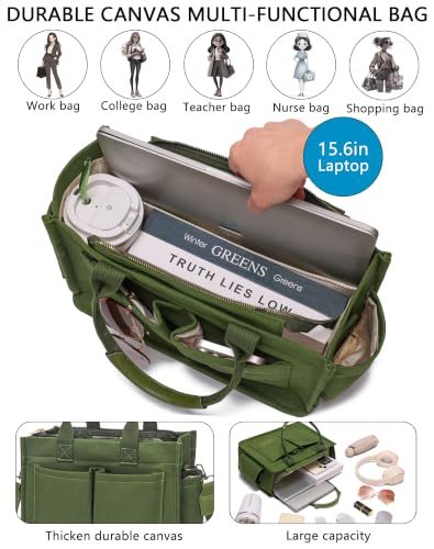 ZHMO Canvas Tote Bag for Women,Women's Bags Crossbody Bags Work Laptop Tote Bag Large Handbags Purse for Travel Nurse Teacher - color: New Upgrade Army Green With Compartments and Side Cup Holders